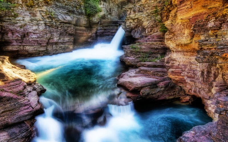 Waterfall in Canyon — Blue, Dramatic, Afternoon, Photograph, River, Rocks