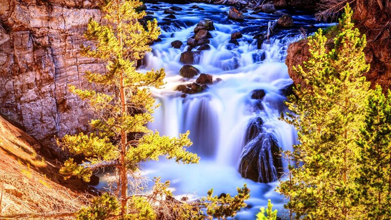 Waterfall in Canyon — Blue, Dramatic, Afternoon, Photograph, Trees, Rocks, River