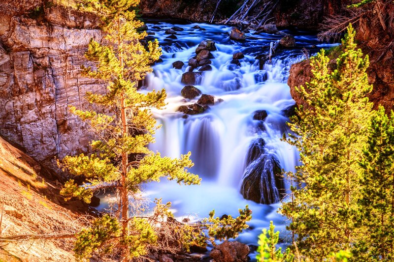Waterfall in Canyon — Blue, Dramatic, Afternoon, Photograph, Trees, Rocks