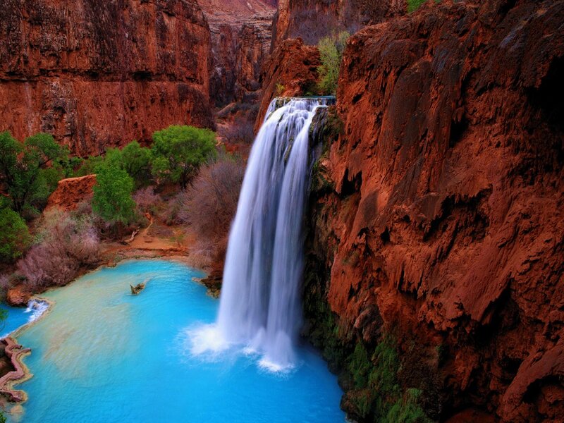 Waterfall in Canyon — Blue, Dramatic, Afternoon, Photograph, Trees