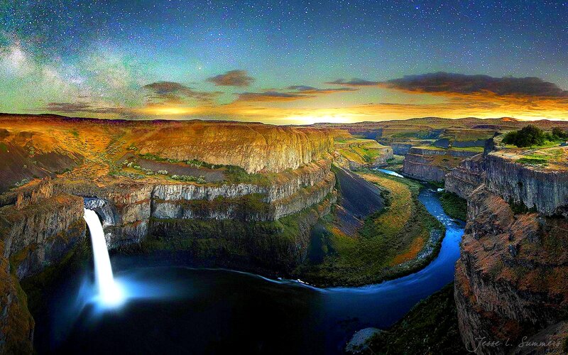 Waterfall in Canyon — Blue, Dramatic, Night, Digital Art