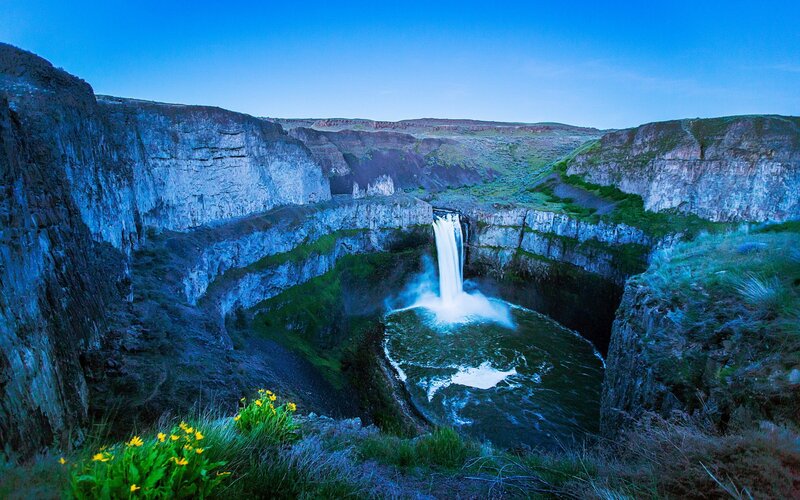 Waterfall in Canyon — Blue, Dramatic, Night, Photograph, River