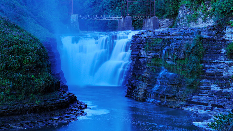 Waterfall in Canyon — Blue, Dramatic, Night, Photograph