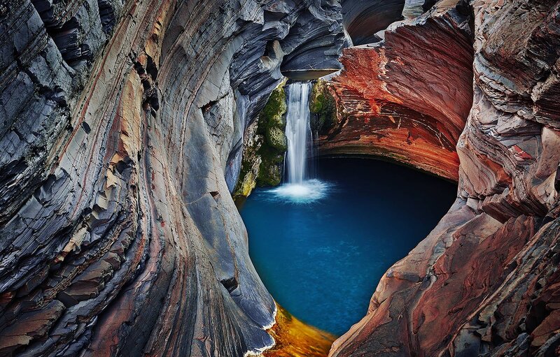 Waterfall in Canyon — Blue, Dramatic, Photograph, Pool
