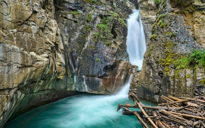 Waterfall in Canyon — Blue, Dramatic, Photograph, River, Moss