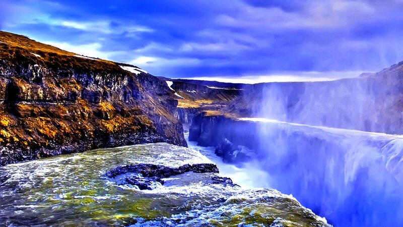 Waterfall in Canyon — Blue, Dramatic, Photograph, River
