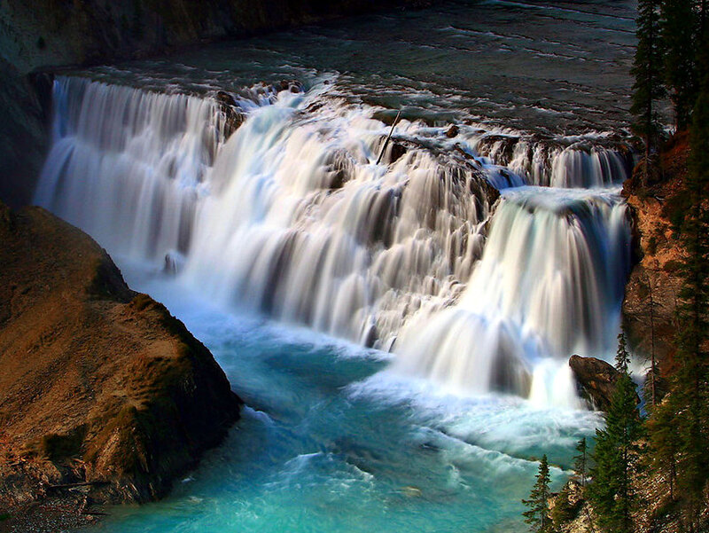 Waterfall in Canyon — Blue, Dramatic, Photograph, Trees