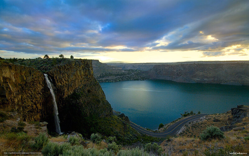 Waterfall in Canyon — Blue, Dramatic, Sunset, Photograph, Lake