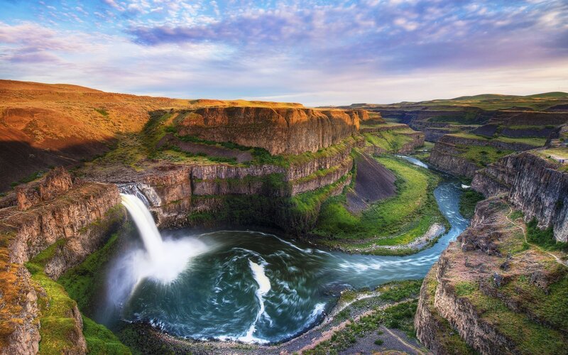 Waterfall in Canyon — Blue, Dramatic, Sunset, Photograph, River, Cliffs, Sky, Vegetation