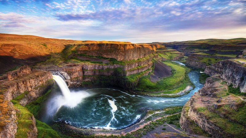 Waterfall in Canyon — Blue, Dramatic, Sunset, Photograph, River, Cliffs