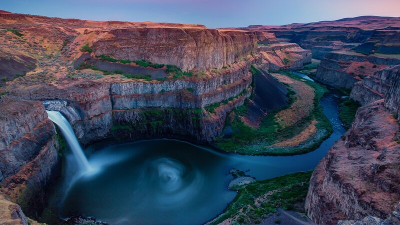 Waterfall in Canyon — Blue, Dramatic, Sunset, Photograph, River, Cliffs, Vegetation