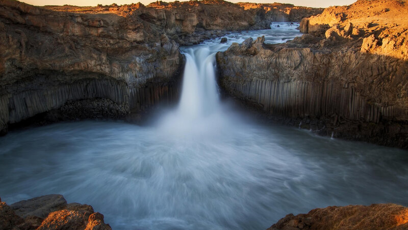 Waterfall in Canyon — Blue, Dramatic, Sunset, Photograph, River