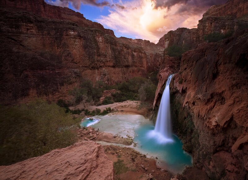 Waterfall in Canyon — Blue, Dramatic, Sunset, Photograph, River, Trees