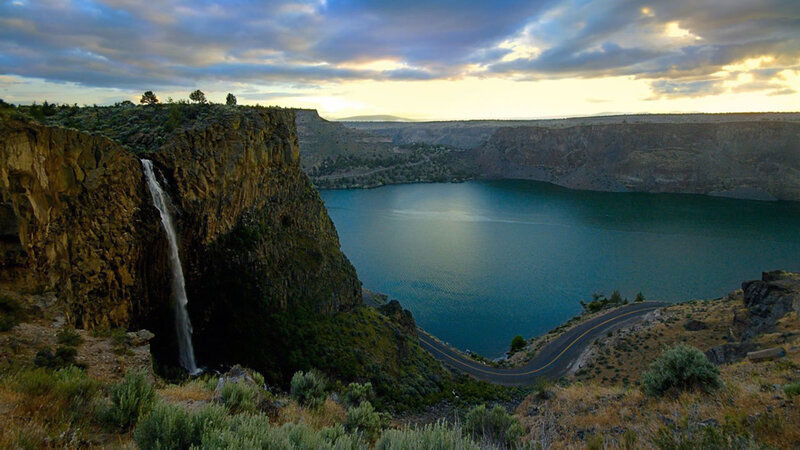 Waterfall in Canyon — Blue, Dramatic, Sunset, Photograph