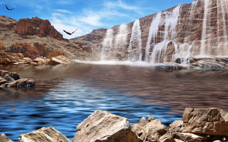 Waterfall in Canyon — Blue, Serene, Afternoon, Photograph, Birds, Rocks