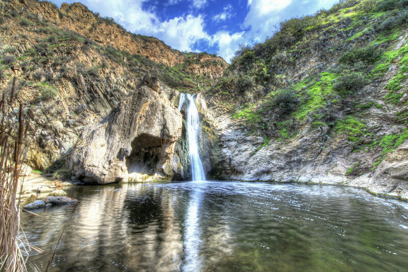 Waterfall in Canyon — Blue, Serene, Afternoon, Photograph, Pool, Sky