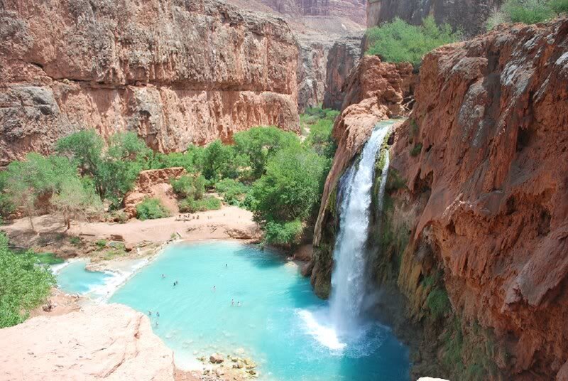 Waterfall in Canyon — Blue, Serene, Afternoon, Photograph, Pool, Trees, Cliffs