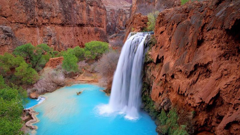 Waterfall in Canyon — Blue, Serene, Afternoon, Photograph, Pool, Trees, Red, Green
