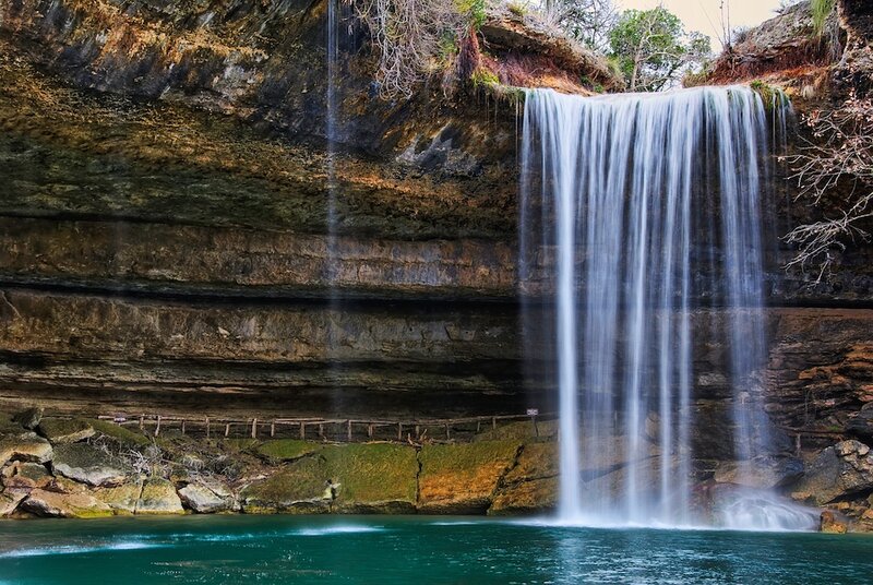 Waterfall in Canyon — Blue, Serene, Afternoon, Photograph, Pool, Wooden Walkway