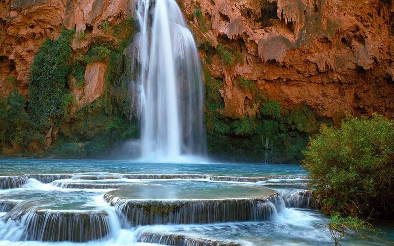Waterfall in Canyon — Blue, Serene, Afternoon, Photograph, River, Vegetation, Green