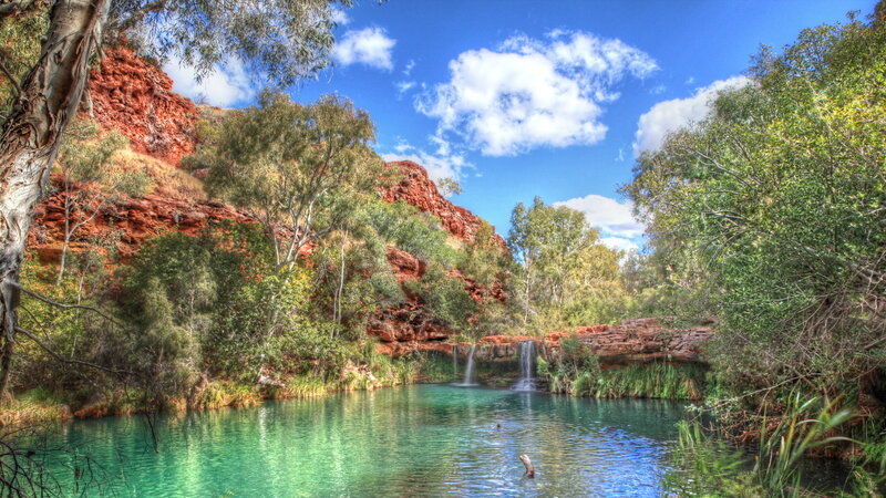 Waterfall in Canyon — Blue, Serene, Afternoon, Photograph, Trees, Cliffs, Pool