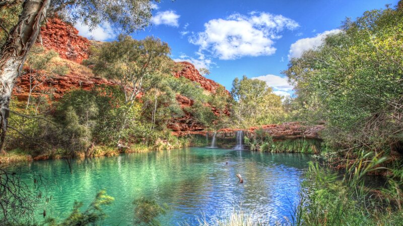 Waterfall in Canyon — Blue, Serene, Afternoon, Photograph, Trees, Cliffs