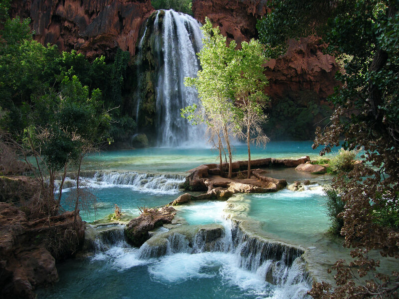 Waterfall in Canyon — Blue, Serene, Afternoon, Photograph, Trees, Rocks, Pool