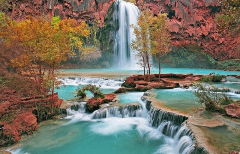 Waterfall in Canyon — Blue, Serene, Autumn, Photograph, Trees, Pool, Red, Yellow