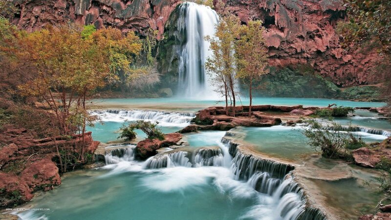 Waterfall in Canyon — Blue, Serene, Autumn, Photograph, Trees, River, Rocks, Brown