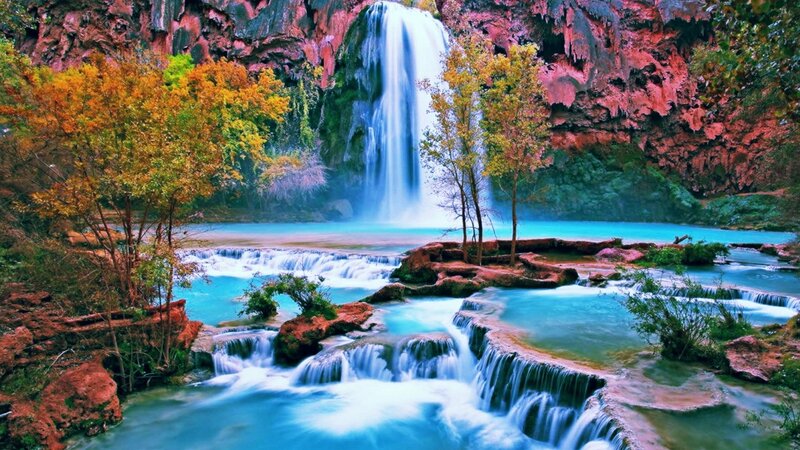 Waterfall in Canyon — Blue, Serene, Autumn, Photograph, Trees, River, Rocks