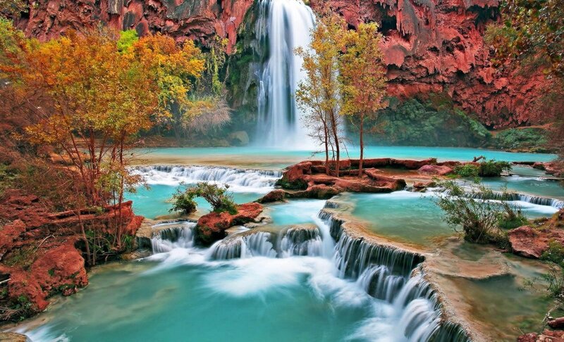 Waterfall in Canyon — Blue, Serene, Autumn
