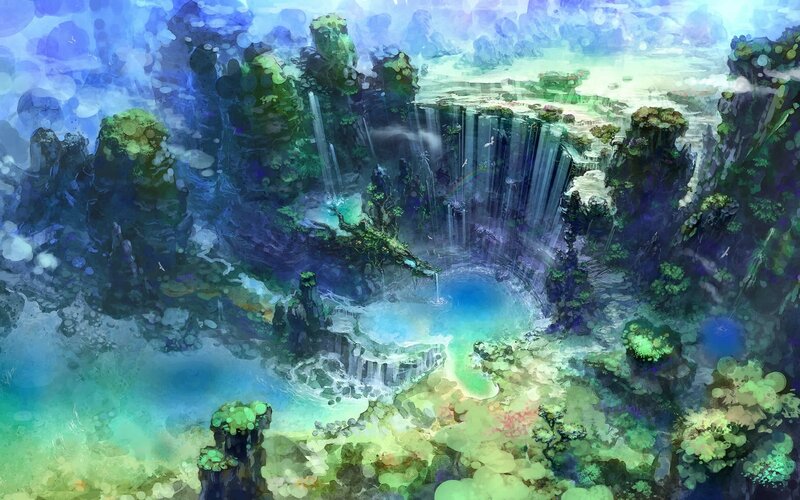 Waterfall in Canyon — Blue, Serene, Digital Art, Pool, Rainbow