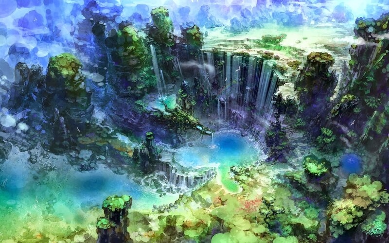 Waterfall in Canyon — Blue, Serene, Digital Art, Pool