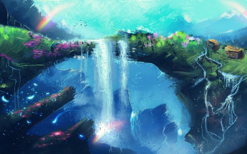Waterfall in Canyon — Blue, Serene, Digital Art, Rainbow