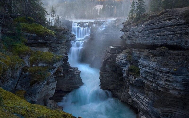 Waterfall in Canyon — Blue, Serene, Morning, Photograph, Trees, Moss, Green