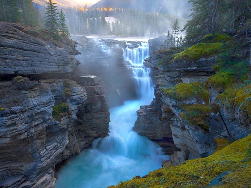 Waterfall in Canyon — Blue, Serene, Morning, Photograph, Trees, Moss