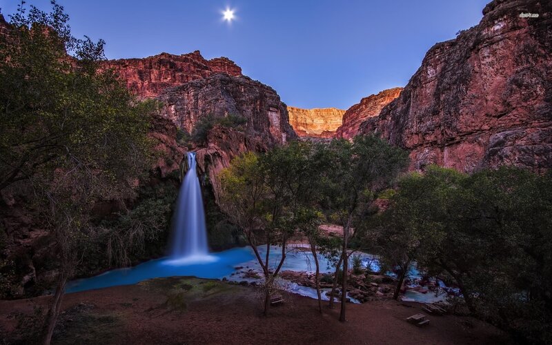 Waterfall in Canyon — Blue, Serene, Night, Photograph