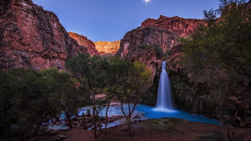 Waterfall in Canyon — Blue, Serene, Night