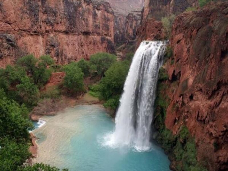 Waterfall in Canyon — Blue, Serene, Photograph, Trees