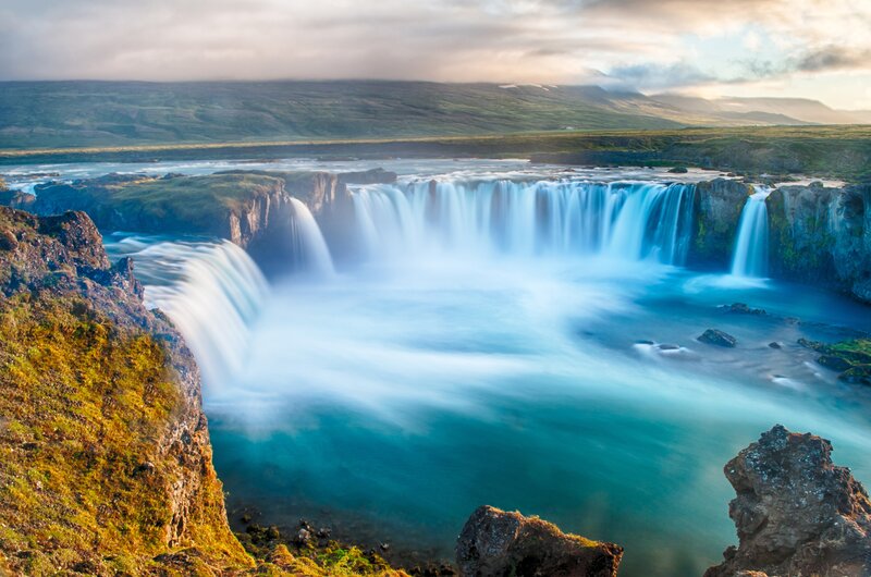 Waterfall in Canyon — Blue, Serene, Sunset, Photograph, River