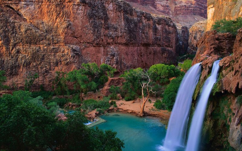 Waterfall in Canyon — Blue, Serene, Sunset