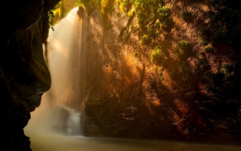Waterfall in Canyon — Brown, Dramatic, Afternoon, Photograph, Canyon Wall