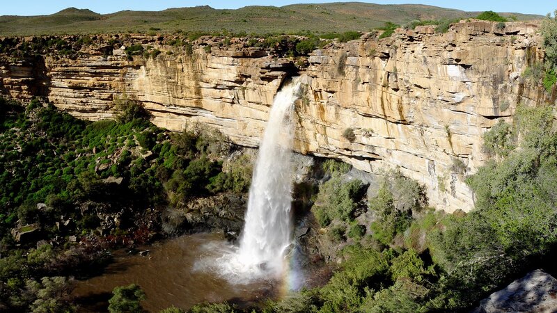 Waterfall in Canyon — Brown, Dramatic, Afternoon, Photograph, Cliff