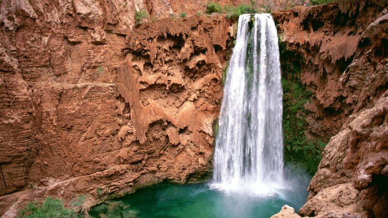 Waterfall in Canyon — Brown, Dramatic, Afternoon, Photograph, Pool, Vegetation