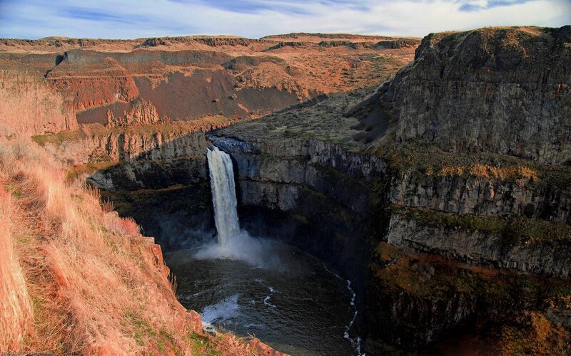 Waterfall in Canyon — Brown, Dramatic, Afternoon, Photograph, River, Cliffs