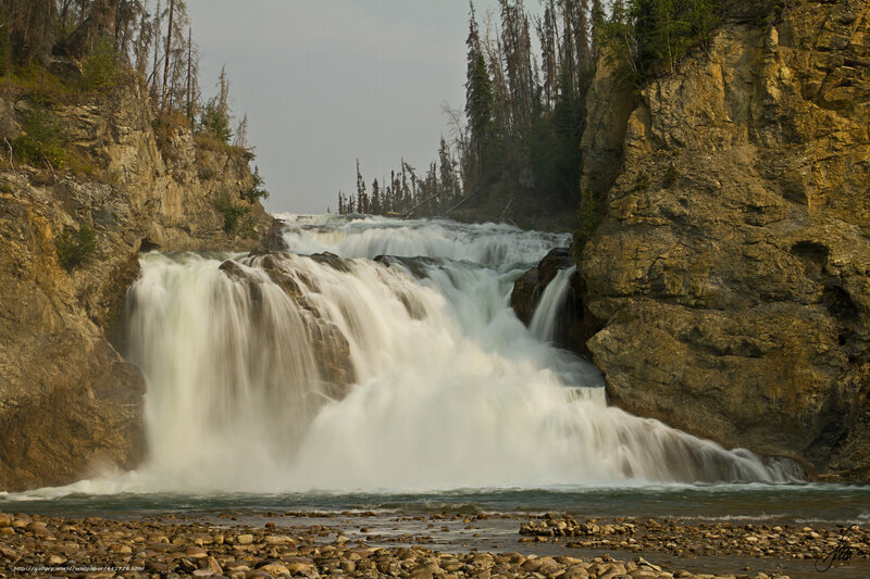 Waterfall in Canyon — Brown, Dramatic, Afternoon, Photograph, River, Trees, Rocks