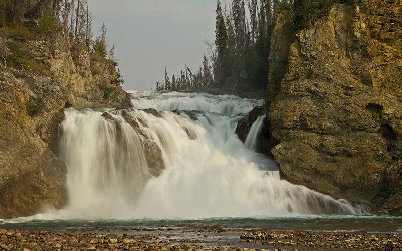 Waterfall in Canyon — Brown, Dramatic, Afternoon, Photograph, River, Trees