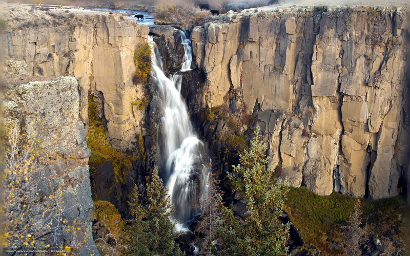Waterfall in Canyon — Brown, Dramatic, Autumn, Photograph, Cows