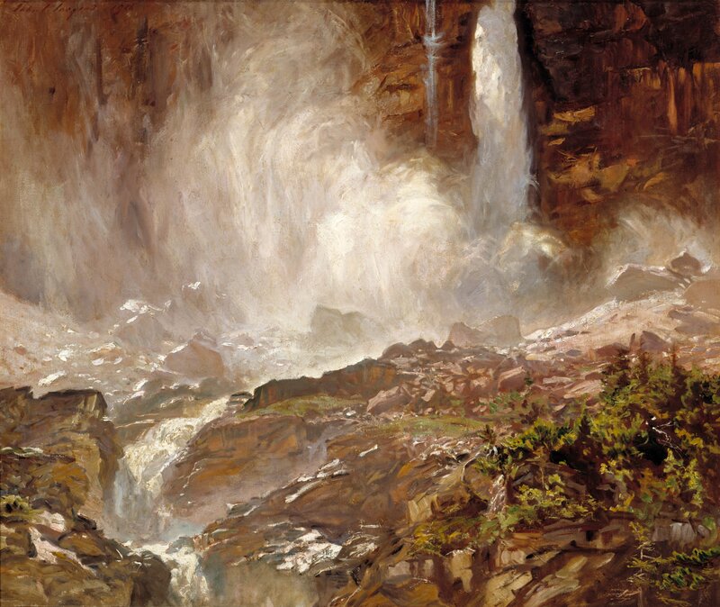 Waterfall in Canyon — Brown, Dramatic, Painting