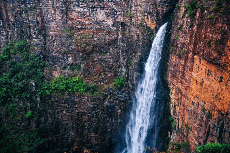 Waterfall in Canyon — Brown, Dramatic, Photograph, Cliffs